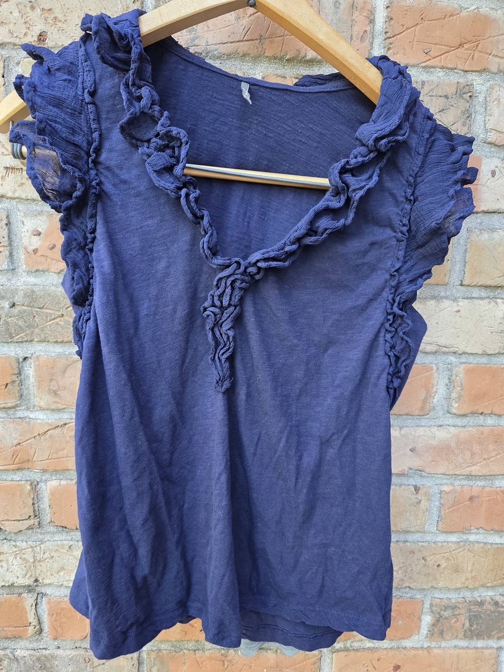 Navy Ruffle-Trim V-Neck Cap Sleeve Blouse